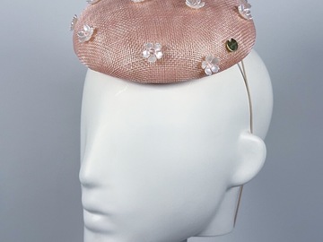 For Sale: Pale Pink Sinamay Button Beret with Flower Beading