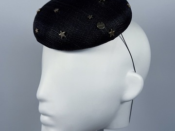 For Sale: Black Sinamay Button Beret with Gold Star Beading