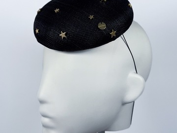 For Sale: Black Sinamay Button Beret with Gold Star Beading