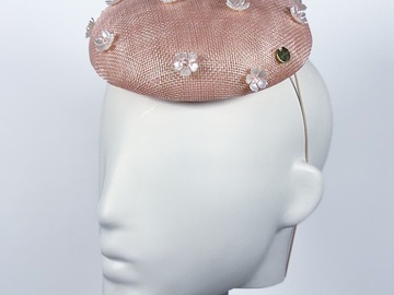 For Sale: Pale Pink Sinamay Button Beret with Flower Beading