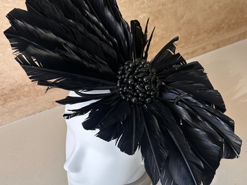 For Sale: Fiona Black Feather Cocktail Fascinator - Beaded Centre, Hea