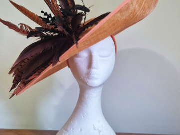 For Sale: Rust-orange sinamay disc fascinator with starburst feathers