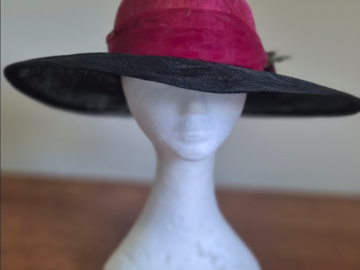 For Sale: Elegant Magenta & Black Sinamay Wide-Brim Hat