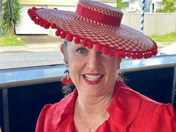 For Rent: Red Boater with Elastic & Pom Poms
