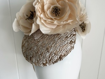 For Sale: Muted gold and cream cocktail hat with silk handmade flowers